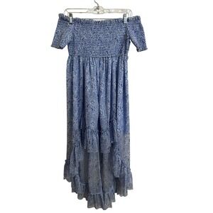 Karina Grimaldi‎ Carol Floral Chiffon Smocked High-Low Midi Dress Blue XS